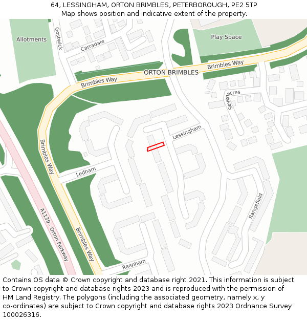 64, LESSINGHAM, ORTON BRIMBLES, PETERBOROUGH, PE2 5TP: Location map and indicative extent of plot
