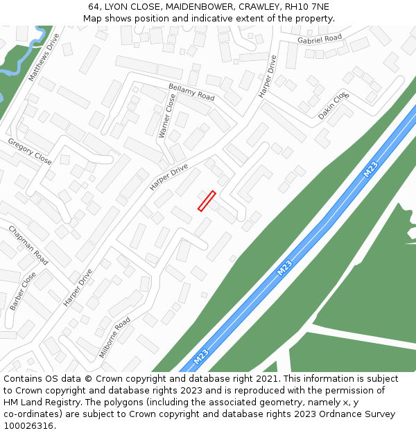 64, LYON CLOSE, MAIDENBOWER, CRAWLEY, RH10 7NE: Location map and indicative extent of plot