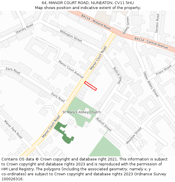 64, MANOR COURT ROAD, NUNEATON, CV11 5HU: Location map and indicative extent of plot