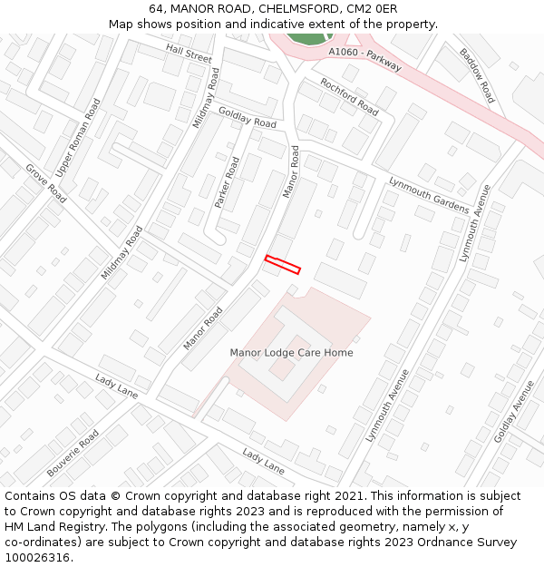 64, MANOR ROAD, CHELMSFORD, CM2 0ER: Location map and indicative extent of plot