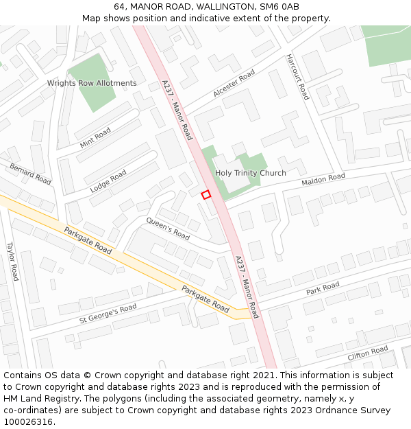 64, MANOR ROAD, WALLINGTON, SM6 0AB: Location map and indicative extent of plot