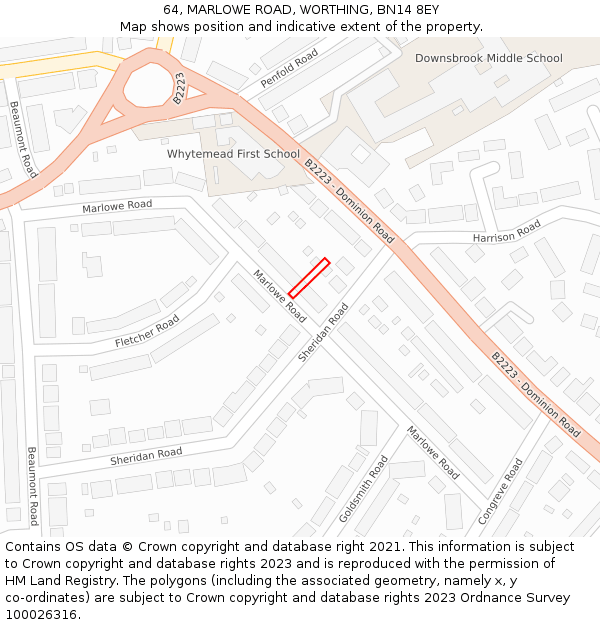 64, MARLOWE ROAD, WORTHING, BN14 8EY: Location map and indicative extent of plot