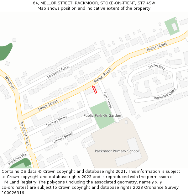64, MELLOR STREET, PACKMOOR, STOKE-ON-TRENT, ST7 4SW: Location map and indicative extent of plot