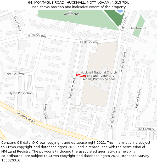 64, MONTAGUE ROAD, HUCKNALL, NOTTINGHAM, NG15 7DU: Location map and indicative extent of plot