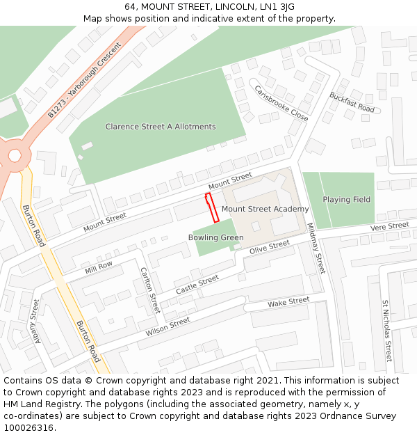 64, MOUNT STREET, LINCOLN, LN1 3JG: Location map and indicative extent of plot