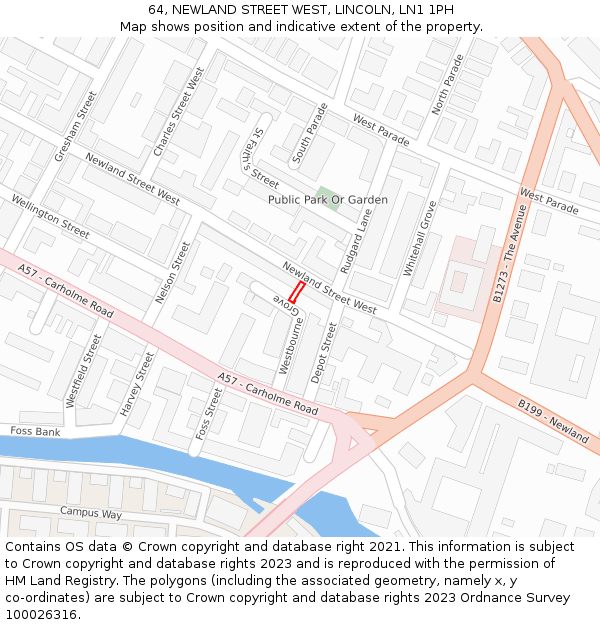 64, NEWLAND STREET WEST, LINCOLN, LN1 1PH: Location map and indicative extent of plot