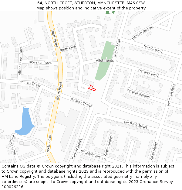 64, NORTH CROFT, ATHERTON, MANCHESTER, M46 0SW: Location map and indicative extent of plot