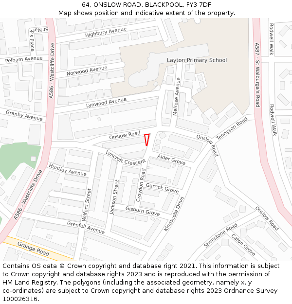 64, ONSLOW ROAD, BLACKPOOL, FY3 7DF: Location map and indicative extent of plot