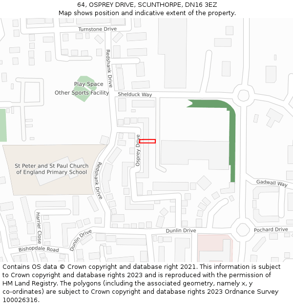 64, OSPREY DRIVE, SCUNTHORPE, DN16 3EZ: Location map and indicative extent of plot
