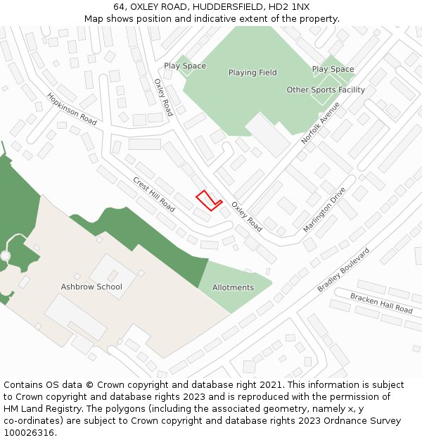 64, OXLEY ROAD, HUDDERSFIELD, HD2 1NX: Location map and indicative extent of plot