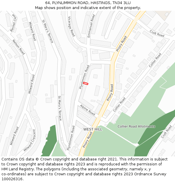 64, PLYNLIMMON ROAD, HASTINGS, TN34 3LU: Location map and indicative extent of plot