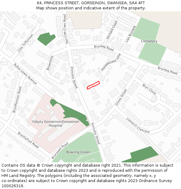 64, PRINCESS STREET, GORSEINON, SWANSEA, SA4 4FT: Location map and indicative extent of plot