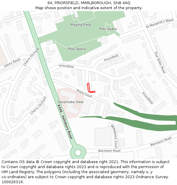 64, PRIORSFIELD, MARLBOROUGH, SN8 4AQ: Location map and indicative extent of plot