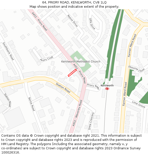 64, PRIORY ROAD, KENILWORTH, CV8 1LQ: Location map and indicative extent of plot