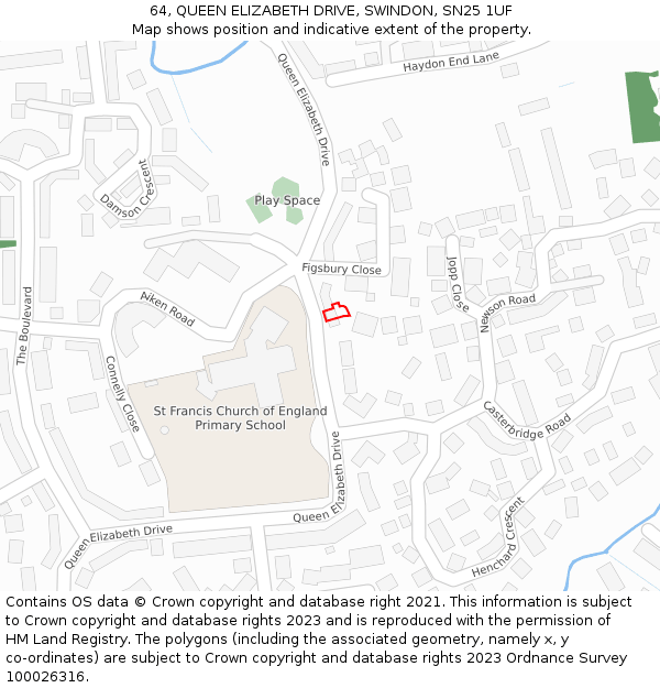 64, QUEEN ELIZABETH DRIVE, SWINDON, SN25 1UF: Location map and indicative extent of plot