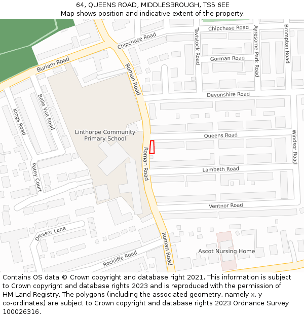 64, QUEENS ROAD, MIDDLESBROUGH, TS5 6EE: Location map and indicative extent of plot