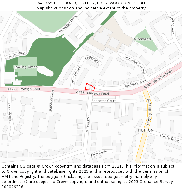 64, RAYLEIGH ROAD, HUTTON, BRENTWOOD, CM13 1BH: Location map and indicative extent of plot