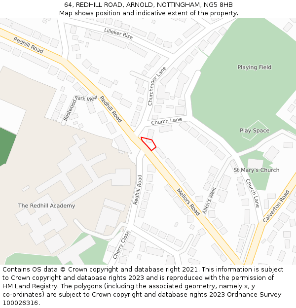64, REDHILL ROAD, ARNOLD, NOTTINGHAM, NG5 8HB: Location map and indicative extent of plot