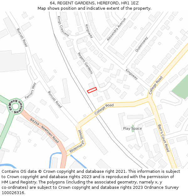 64, REGENT GARDENS, HEREFORD, HR1 1EZ: Location map and indicative extent of plot