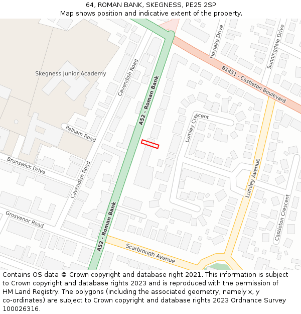 64, ROMAN BANK, SKEGNESS, PE25 2SP: Location map and indicative extent of plot