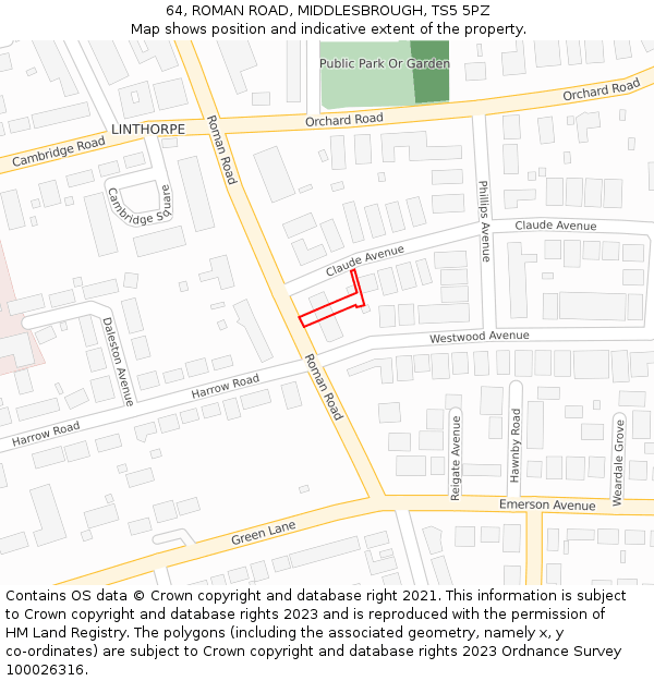 64, ROMAN ROAD, MIDDLESBROUGH, TS5 5PZ: Location map and indicative extent of plot
