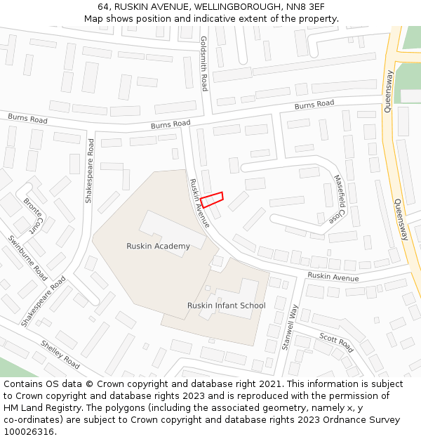 64, RUSKIN AVENUE, WELLINGBOROUGH, NN8 3EF: Location map and indicative extent of plot