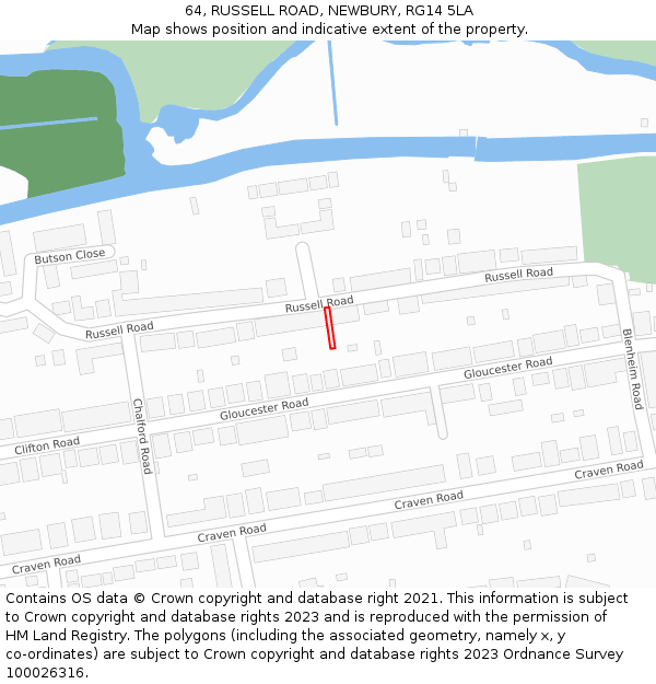 64, RUSSELL ROAD, NEWBURY, RG14 5LA: Location map and indicative extent of plot