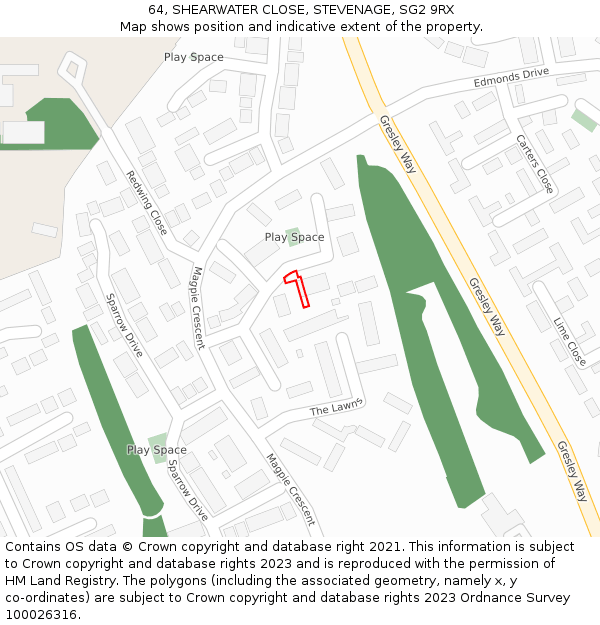 64, SHEARWATER CLOSE, STEVENAGE, SG2 9RX: Location map and indicative extent of plot