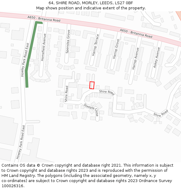 64, SHIRE ROAD, MORLEY, LEEDS, LS27 0BF: Location map and indicative extent of plot