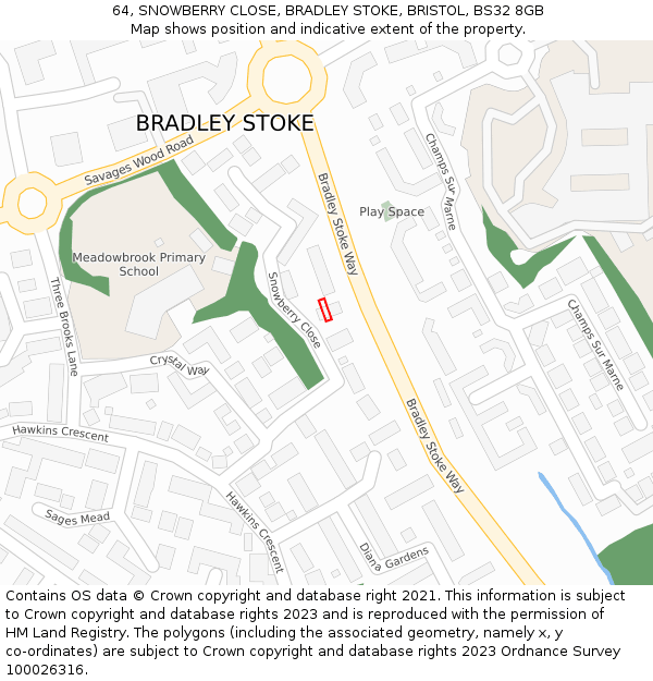 64, SNOWBERRY CLOSE, BRADLEY STOKE, BRISTOL, BS32 8GB: Location map and indicative extent of plot