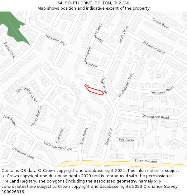 64, SOUTH DRIVE, BOLTON, BL2 3NL: Location map and indicative extent of plot