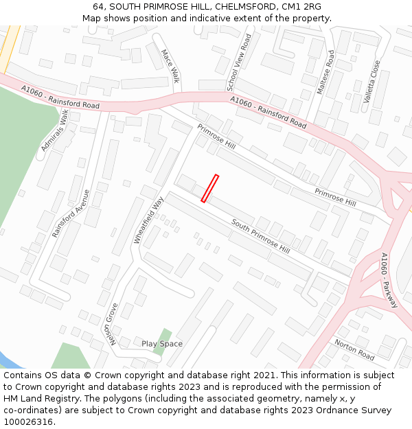 64, SOUTH PRIMROSE HILL, CHELMSFORD, CM1 2RG: Location map and indicative extent of plot