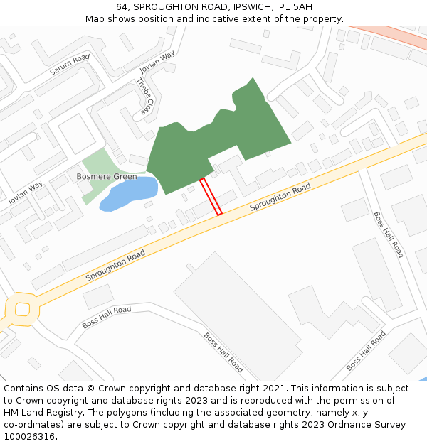 64, SPROUGHTON ROAD, IPSWICH, IP1 5AH: Location map and indicative extent of plot