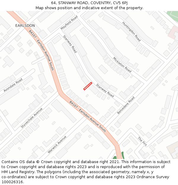 64, STANWAY ROAD, COVENTRY, CV5 6PJ: Location map and indicative extent of plot