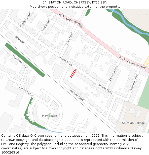 64, STATION ROAD, CHERTSEY, KT16 8BN: Location map and indicative extent of plot