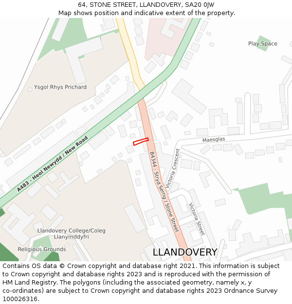 64, STONE STREET, LLANDOVERY, SA20 0JW: Location map and indicative extent of plot
