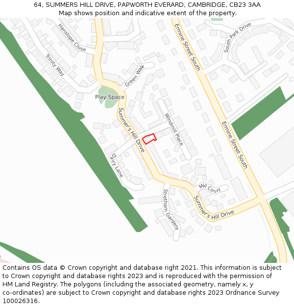 64, SUMMERS HILL DRIVE, PAPWORTH EVERARD, CAMBRIDGE, CB23 3AA: Location map and indicative extent of plot