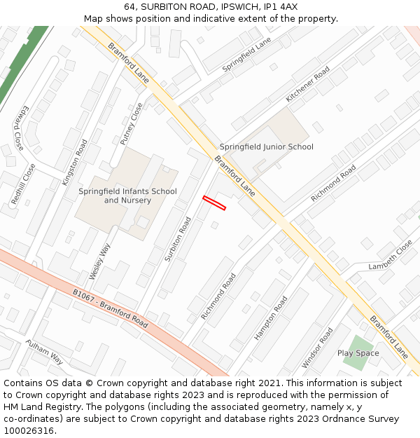 64, SURBITON ROAD, IPSWICH, IP1 4AX: Location map and indicative extent of plot