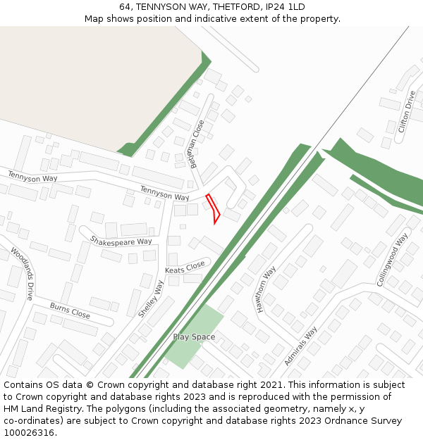 64, TENNYSON WAY, THETFORD, IP24 1LD: Location map and indicative extent of plot