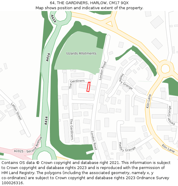 64, THE GARDINERS, HARLOW, CM17 9QX: Location map and indicative extent of plot
