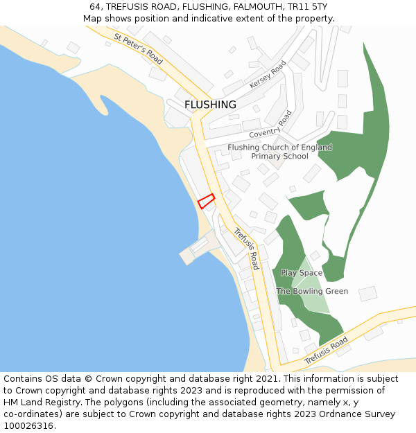 64, TREFUSIS ROAD, FLUSHING, FALMOUTH, TR11 5TY: Location map and indicative extent of plot