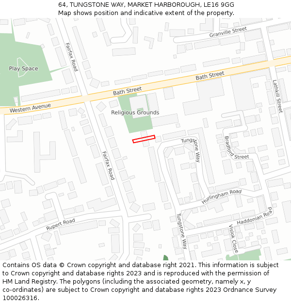 64, TUNGSTONE WAY, MARKET HARBOROUGH, LE16 9GG: Location map and indicative extent of plot