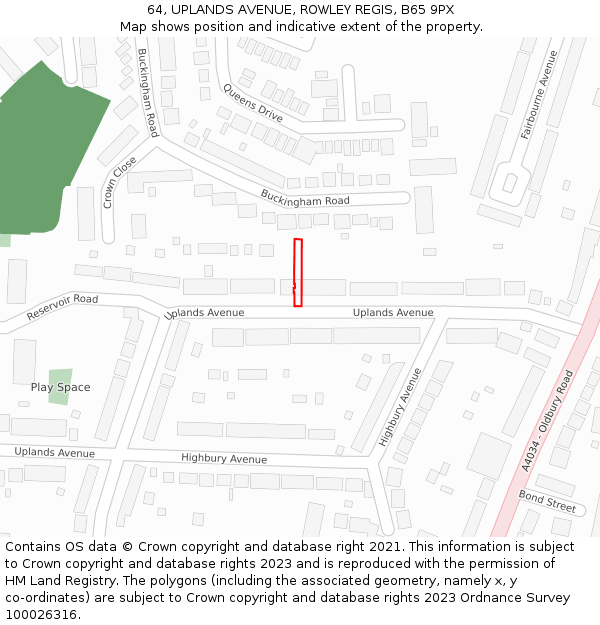 64, UPLANDS AVENUE, ROWLEY REGIS, B65 9PX: Location map and indicative extent of plot