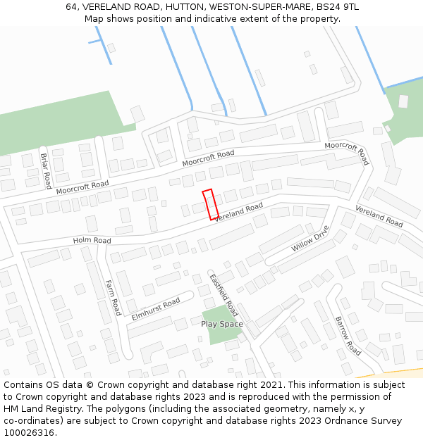 64, VERELAND ROAD, HUTTON, WESTON-SUPER-MARE, BS24 9TL: Location map and indicative extent of plot