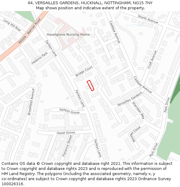 64, VERSAILLES GARDENS, HUCKNALL, NOTTINGHAM, NG15 7NY: Location map and indicative extent of plot