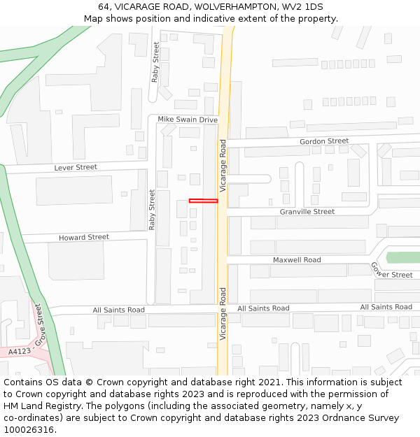 64, VICARAGE ROAD, WOLVERHAMPTON, WV2 1DS: Location map and indicative extent of plot