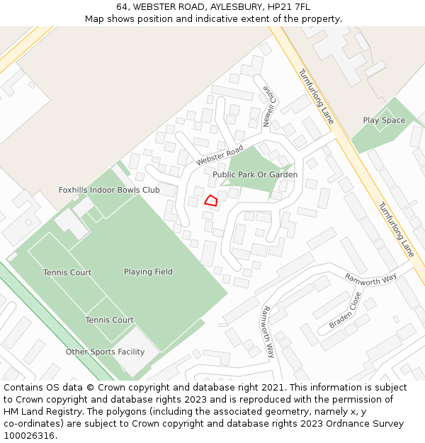 64, WEBSTER ROAD, AYLESBURY, HP21 7FL: Location map and indicative extent of plot