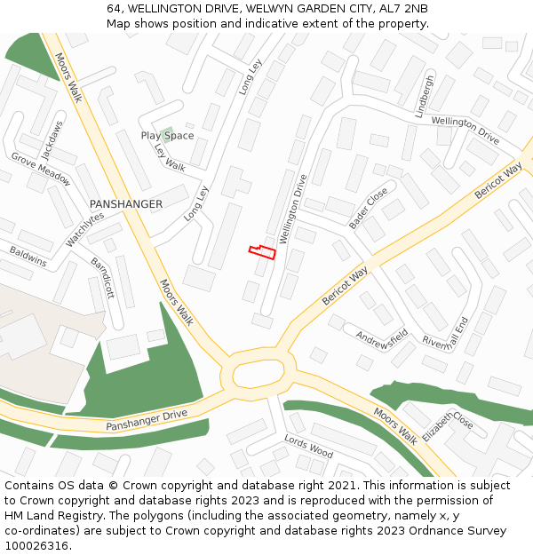 64, WELLINGTON DRIVE, WELWYN GARDEN CITY, AL7 2NB: Location map and indicative extent of plot