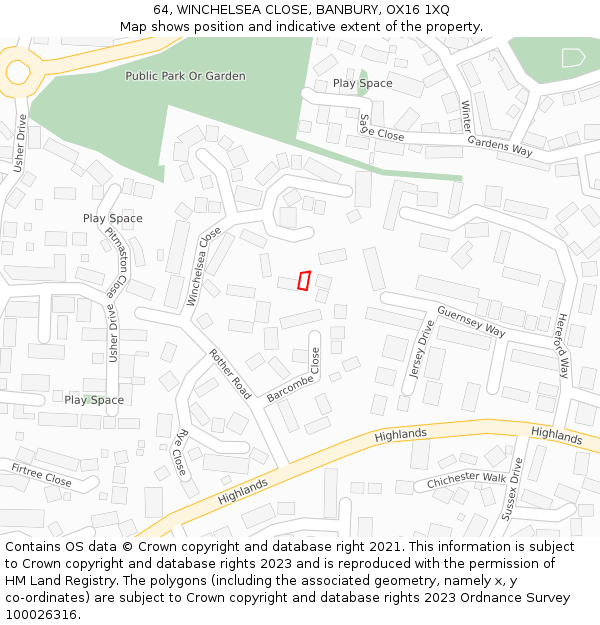 64, WINCHELSEA CLOSE, BANBURY, OX16 1XQ: Location map and indicative extent of plot