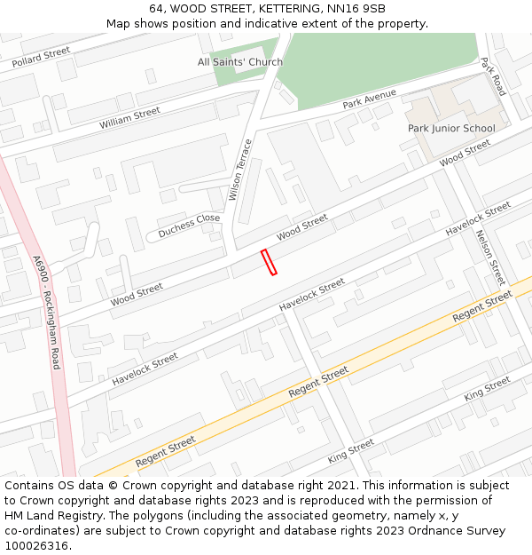 64, WOOD STREET, KETTERING, NN16 9SB: Location map and indicative extent of plot